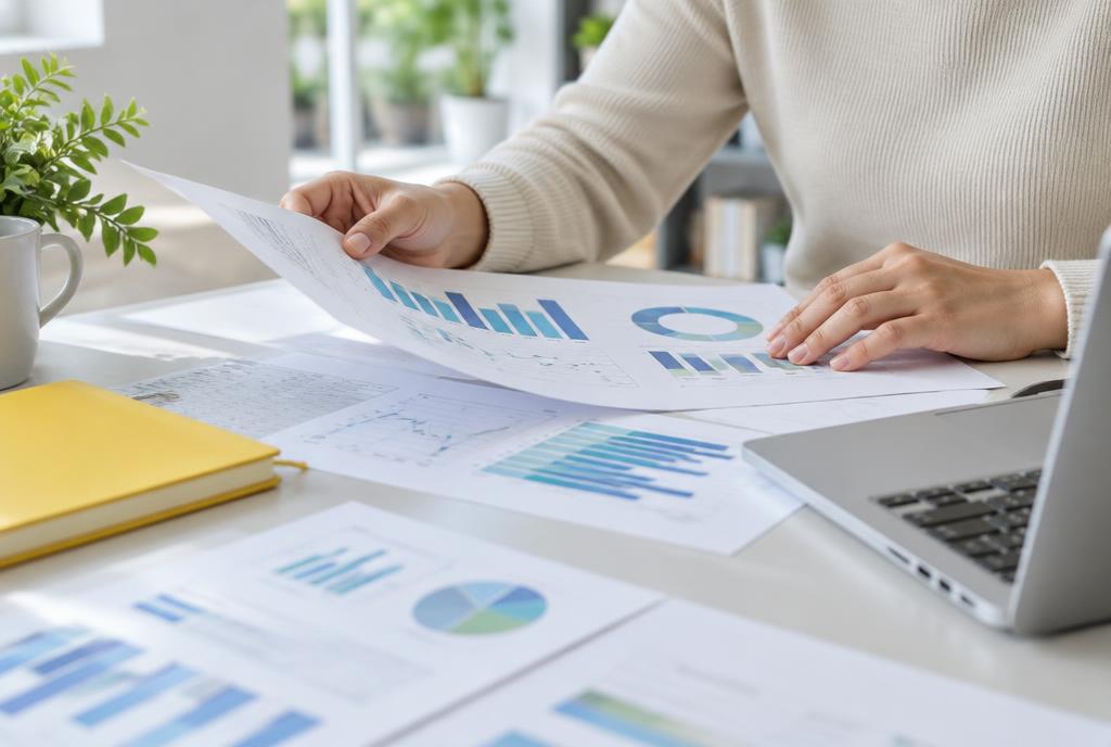 Organising printed reports beside a laptop